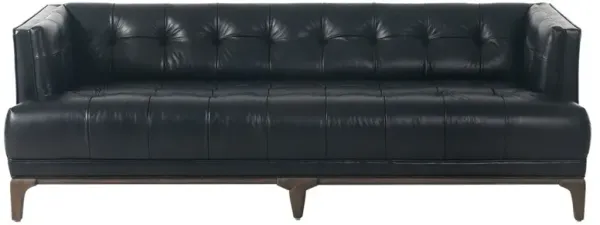 Allen Mid Century Black Leather Brown Wood Tufted Sofa - 78"