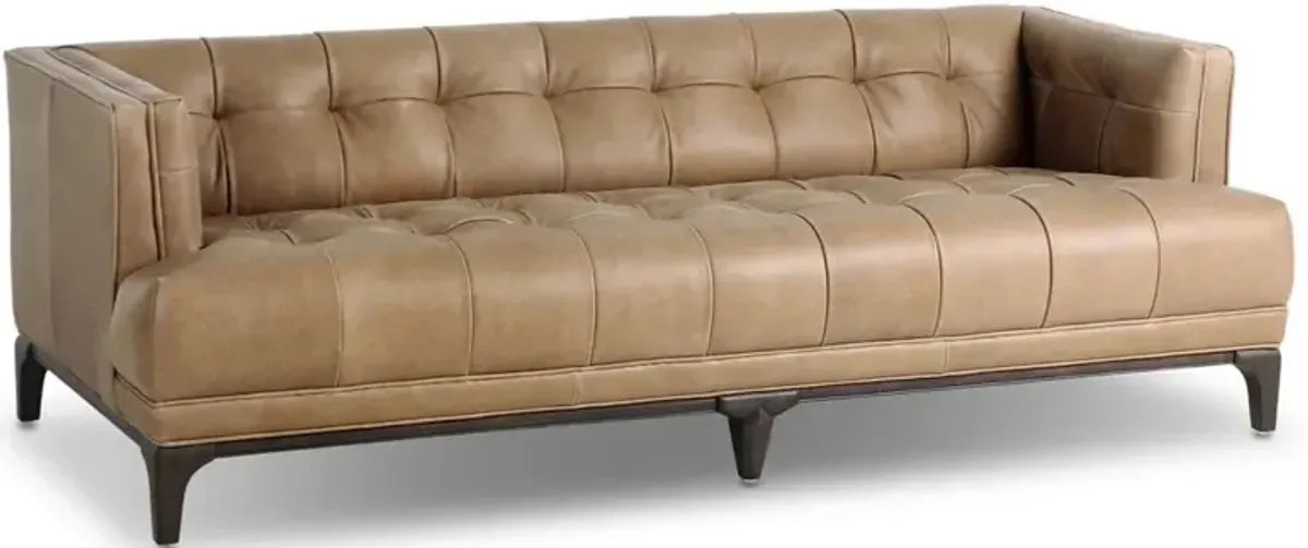 Allen Mid Century Brown Leather Dark Brown Wood Tufted Sofa - 78"