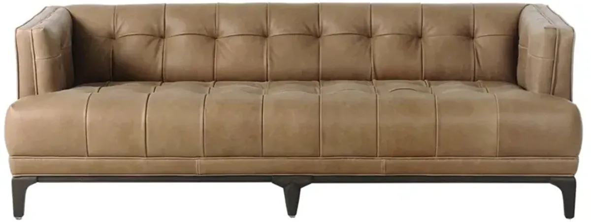 Allen Mid Century Brown Leather Dark Brown Wood Tufted Sofa - 78"