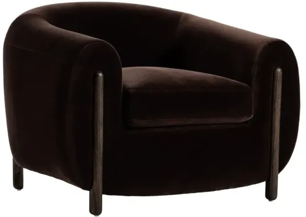 Riley Mid Century Modern Dark Brown Velvet Oak Barrel Chair