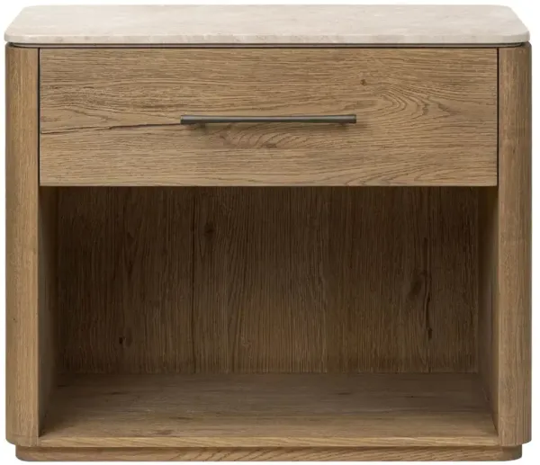 Agnes Modern Classic Beige Marble Brown Oak Nightstand