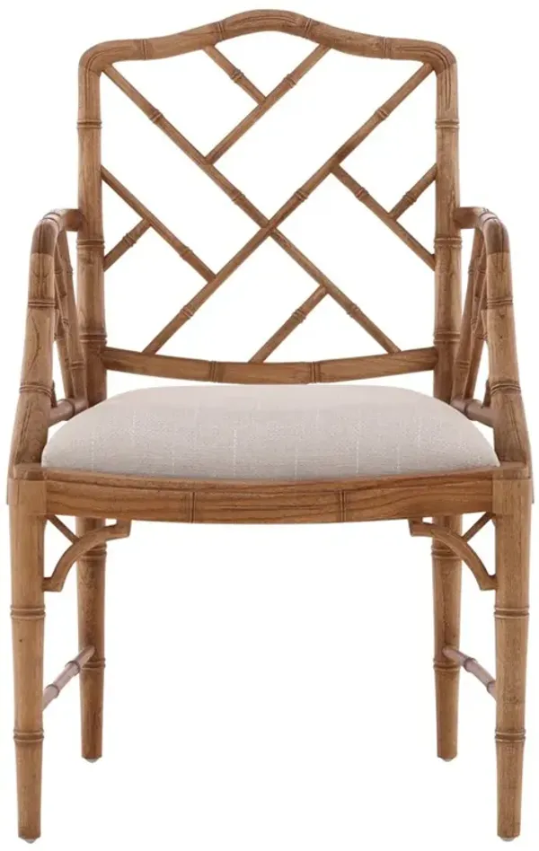 Tobias Coastal Beach Cream Linen Performance Natural Mahogany Dining Arm Chair