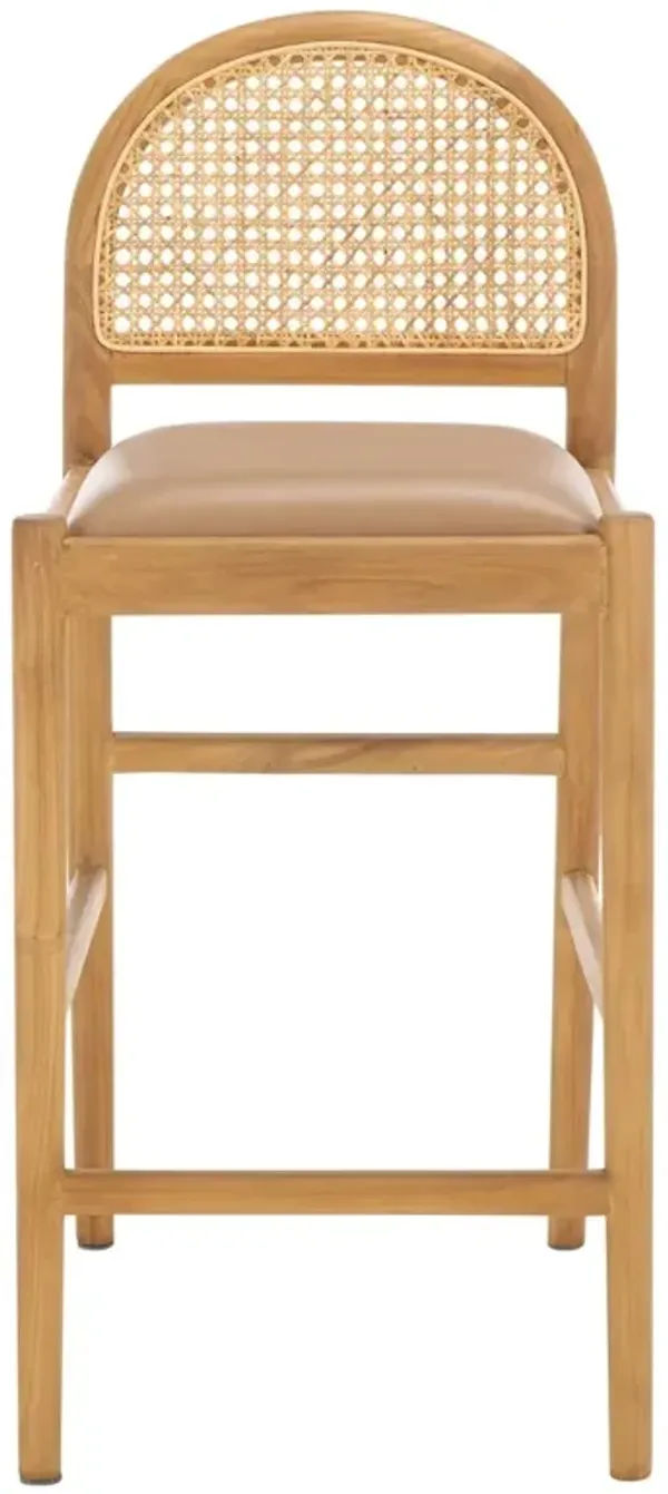 Isabella Modern Classic Brown Leather Natural Wood Woven Rattan Counter Stool