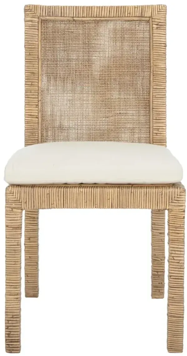 Layla Coastal Beach White Cotton Brown Rattan Woven Dining Chair - Set of 2