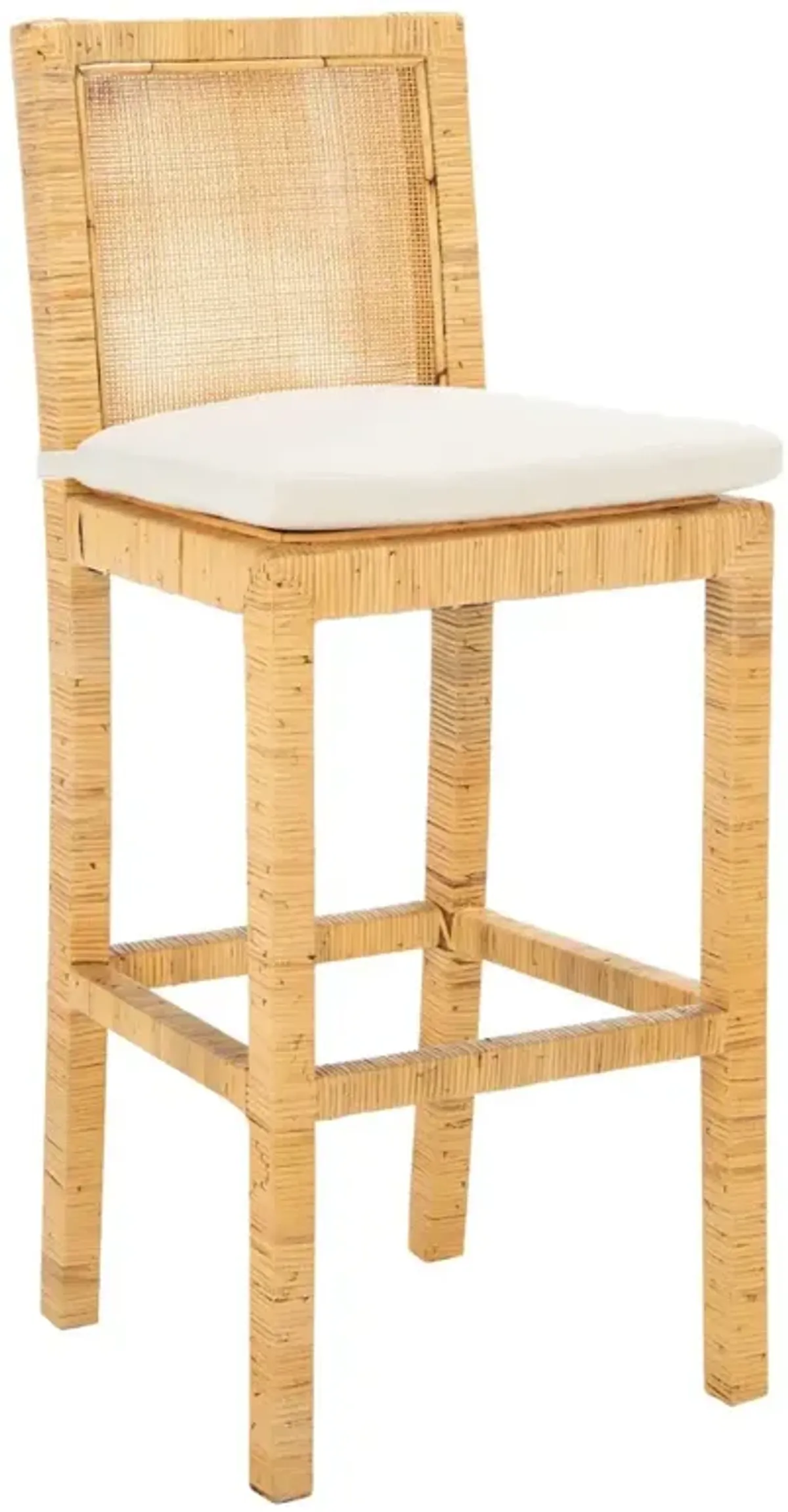 Layla Coastal Beach White Linen Natural Cane Woven Bar Stool