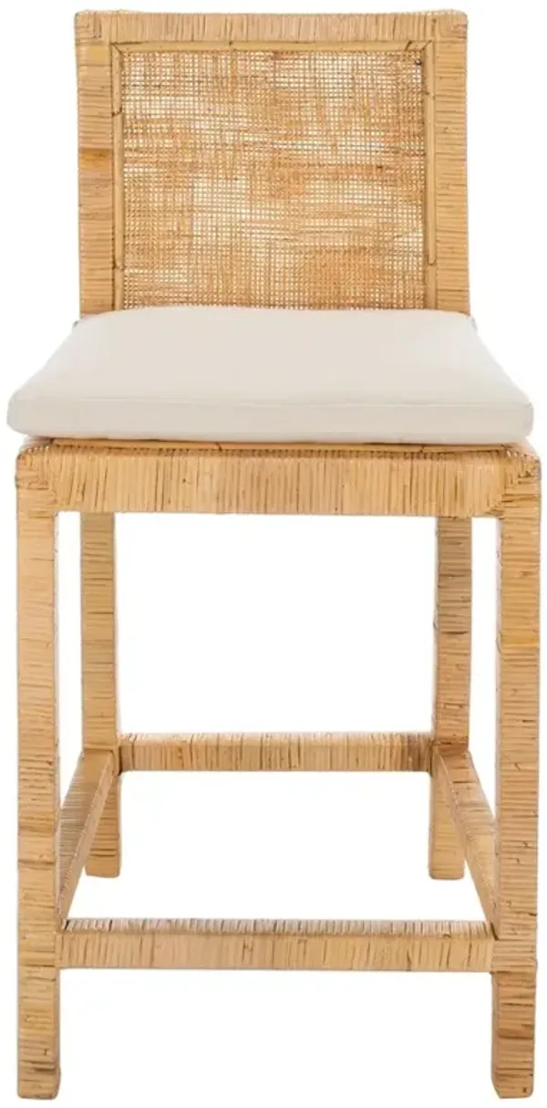 Layla Coastal Beach White Linen Natural Cane Woven Counter Stool