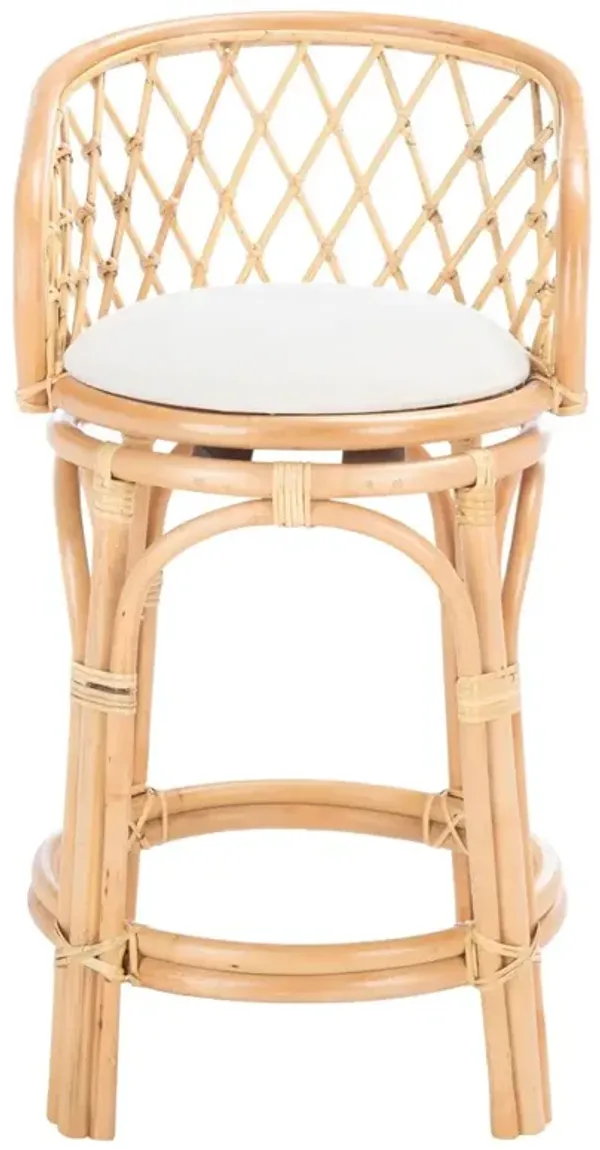 Yelena Coastal Beach Natural Mango Wood Woven Rattan Swivel Counter Stool