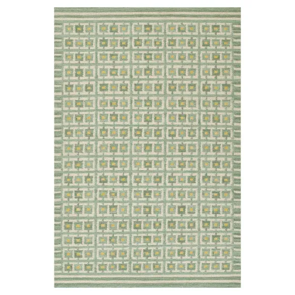 Carys Updated Traditional Green Wool Grid Patterned Rug - 2'6"x8'