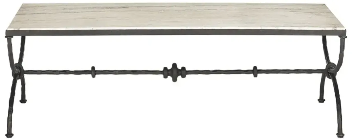 Arlene Updated Traditional White Travertine Bronze Iron Rectangular Coffee Table