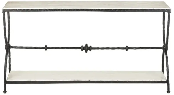 Arlene Updated Traditional White Travertine Bronze Iron Rectangular Console Table