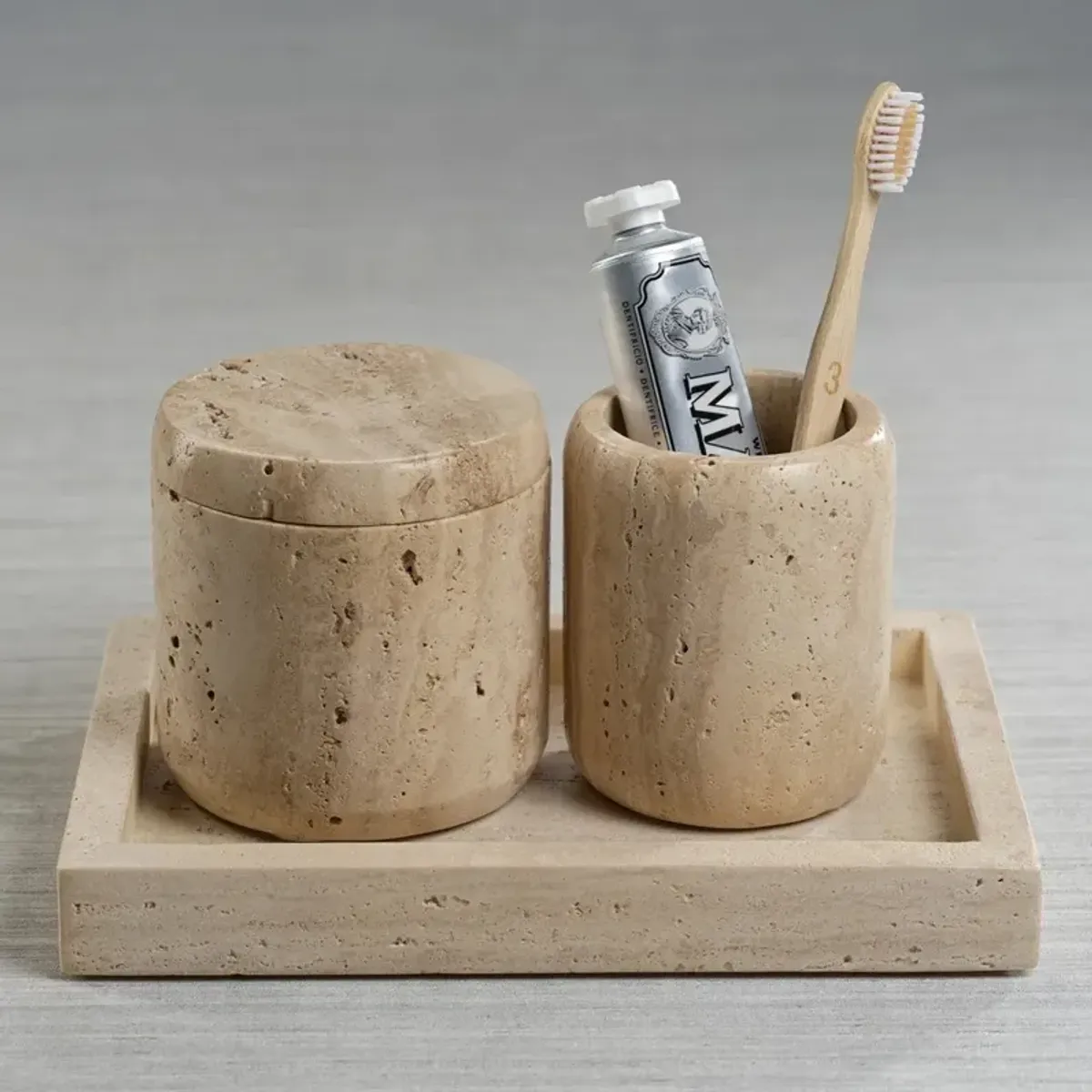 Selene Coastal Beach Beige Travertine Marble Brush Holder