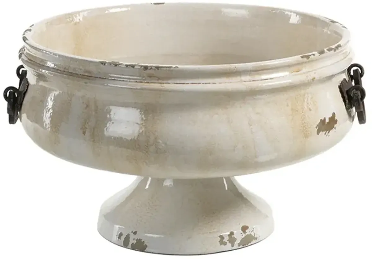 Cleo French Country Distressed Beige Ceramic Pedestal Bowl