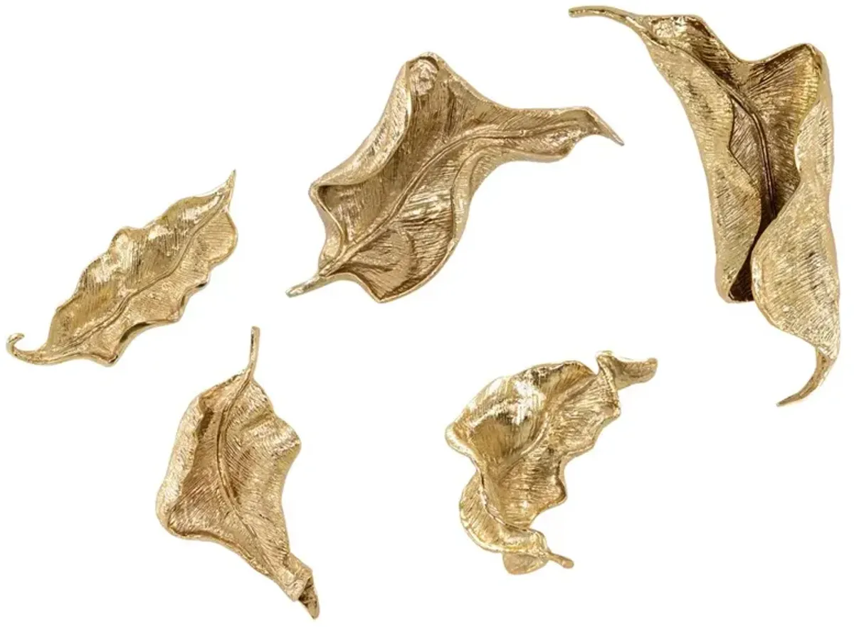 John Richard Curling Leaves Modern Classic Gold Metal Wall Sculpture - Set of 5