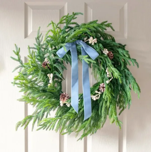Cyra Traditional Blue Velvet Bow Green Norfolk Pine Wreath - 24"