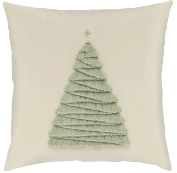 Holly Modern Classic Cream Velvet Sage Fringe Tree Performance Throw Pillow - 20x20