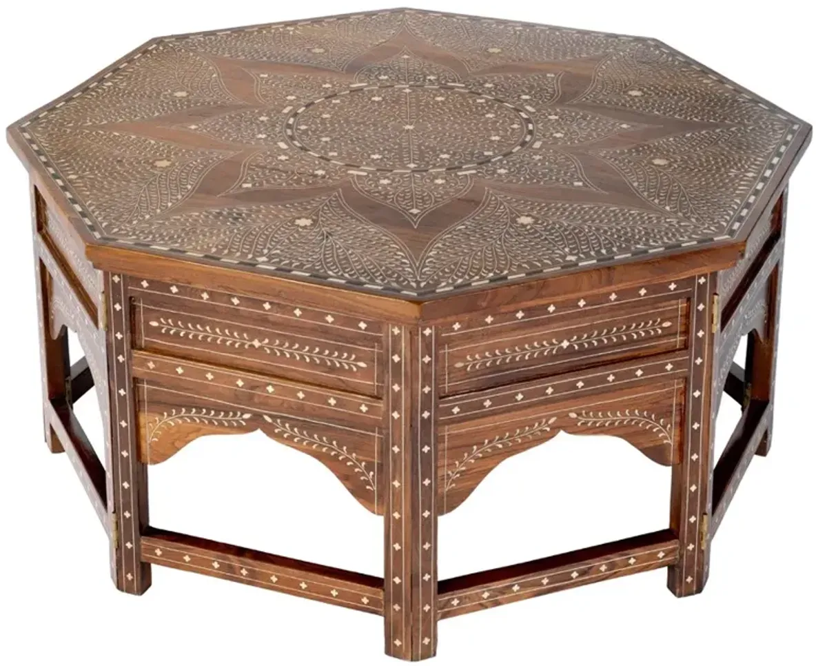 Ian Updated Traditional Brown Teak Wood Bone Inlay Coffee Table