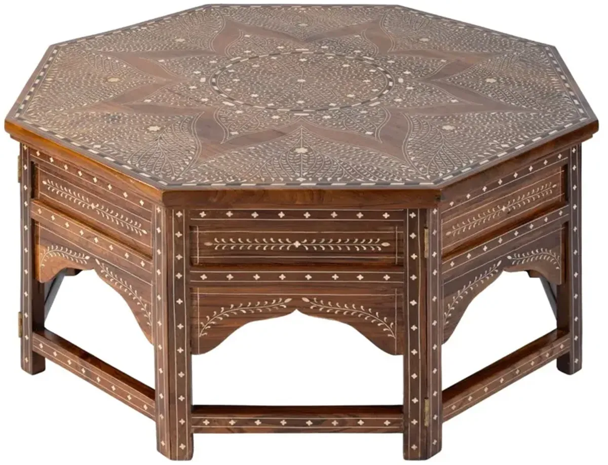 Ian Updated Traditional Brown Teak Wood Bone Inlay Coffee Table