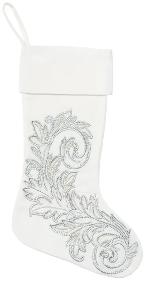 Sferra Frosty French Country Silver Embroidered White Cotton Stocking