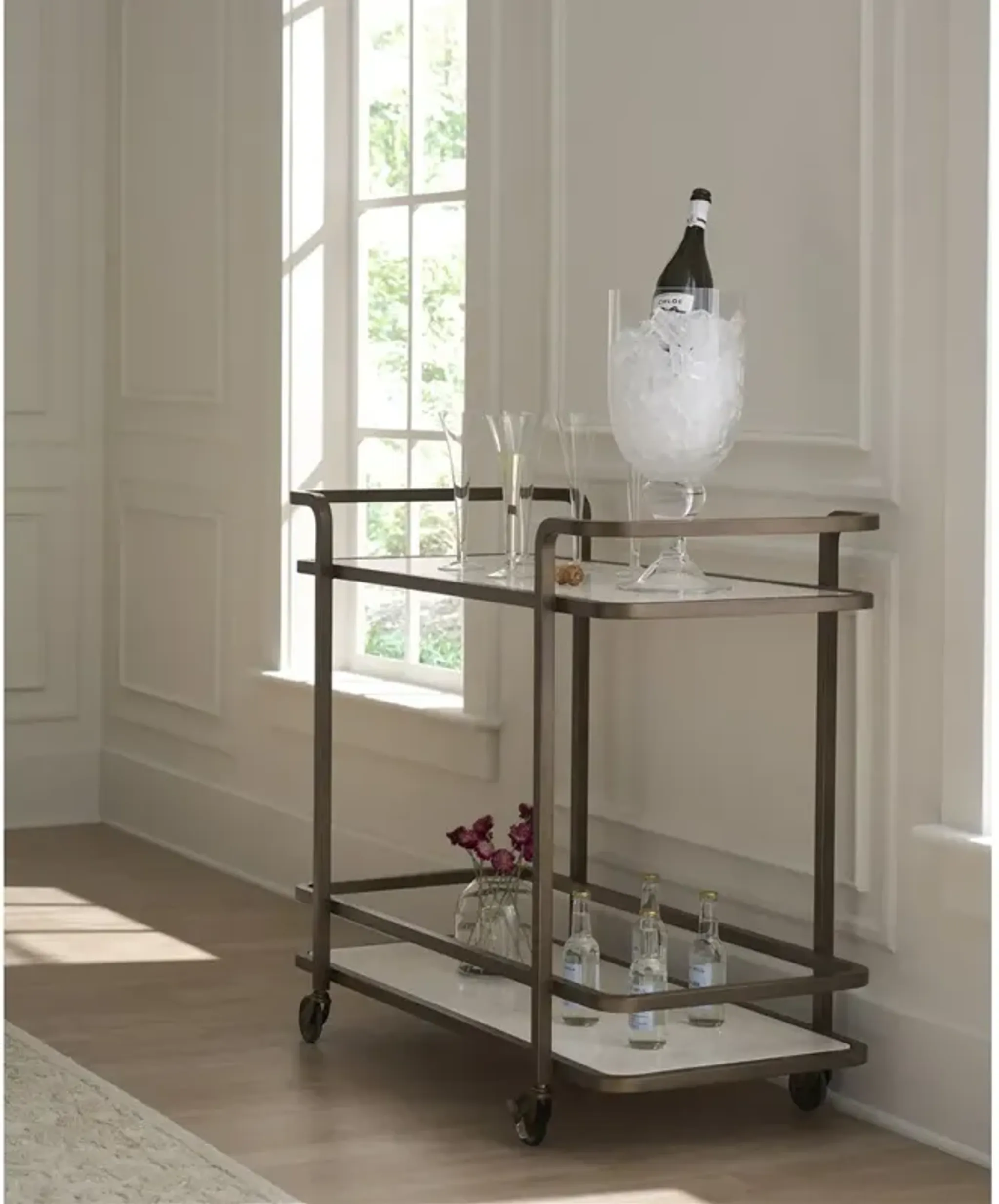Kali Modern Classic Aged Gold Metal White Travertine Marble Bar Cart ...