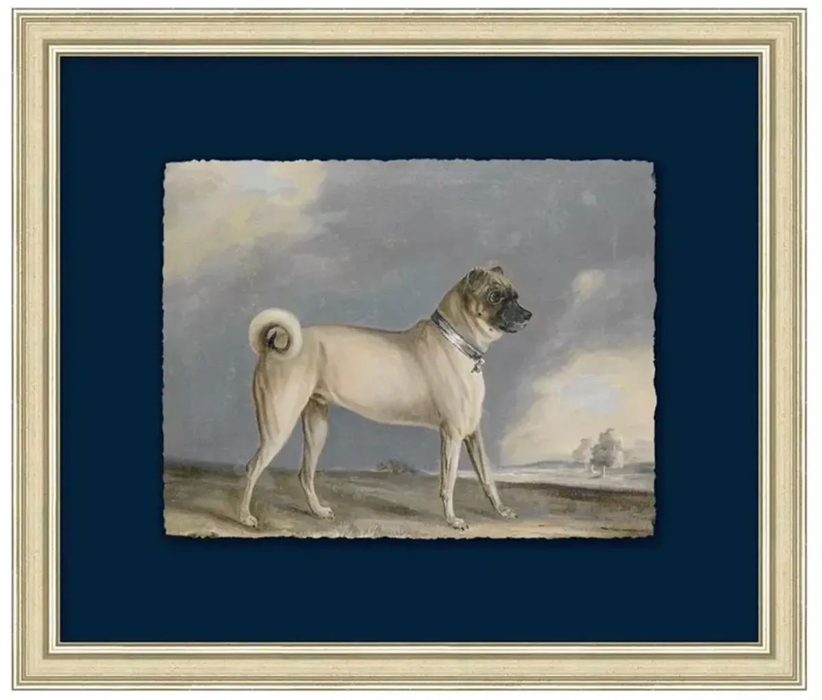 Nola Updated Traditional Navy Pug Silver Leaf Frame Painting 1 -12x14
