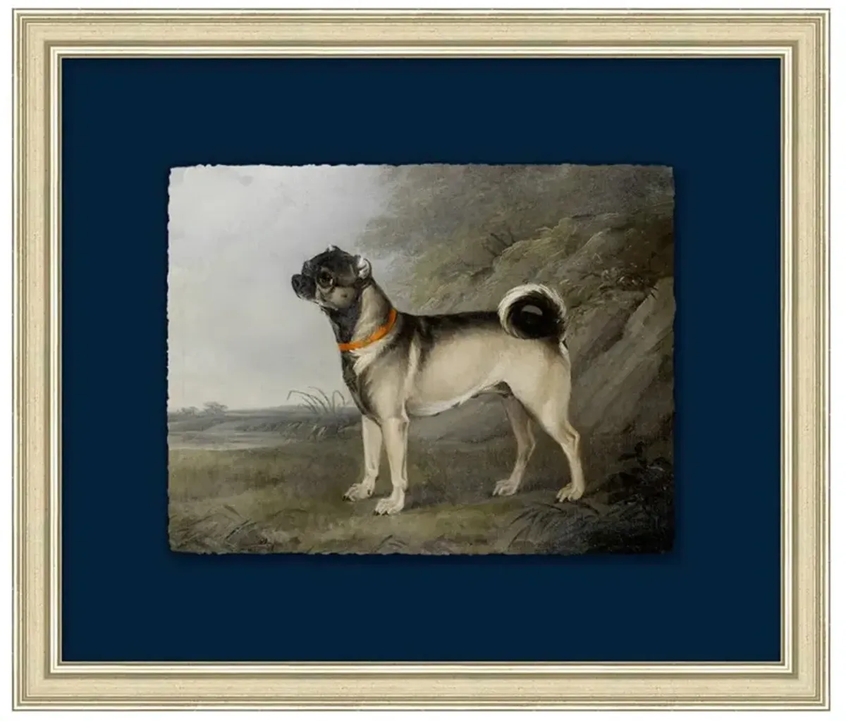 Nola Updated Traditional Navy Pug Silver Leaf Frame Painting 2 -12x14