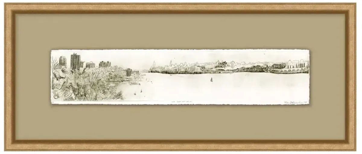 Renan Coastal Beach White Landscape Satin Gold Frame Illustration - 11x25