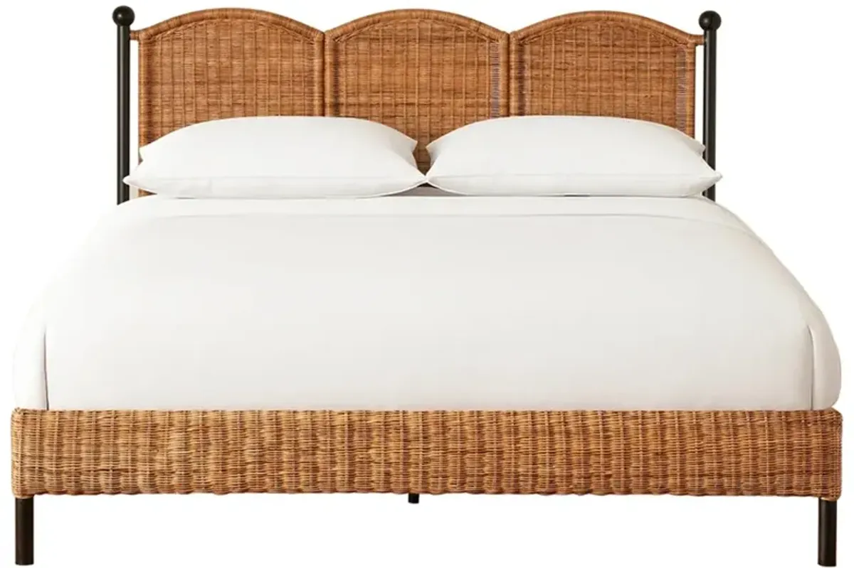 Mirea Coastal Beach Natural Rattan Woven Iron Scalloped Bed - Queen