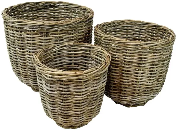 Nolan French Country Grey Rattan Round Floor Basket - Set of 3