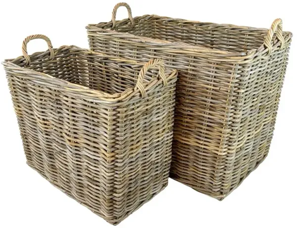 Nolan French Country Grey Rattan Rectangular Floor Basket - Set of 2