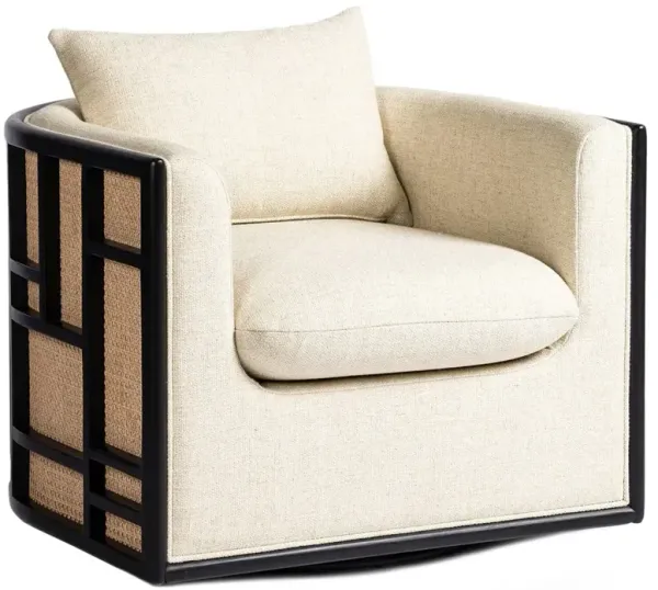 June Coastal Beach Thames Cream Performance Black Wood Woven Cane Swivel Chair