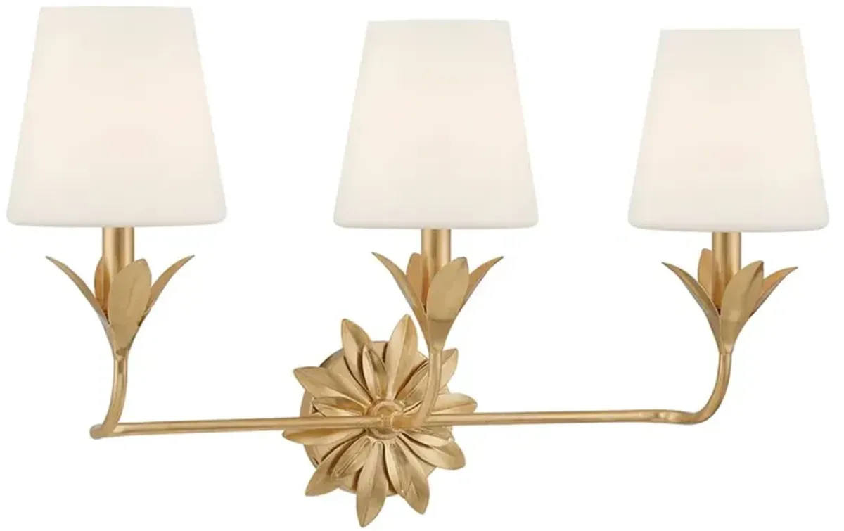 Liora Traditional White Silk Shade Antique Gold 3 Light Bath Sconce