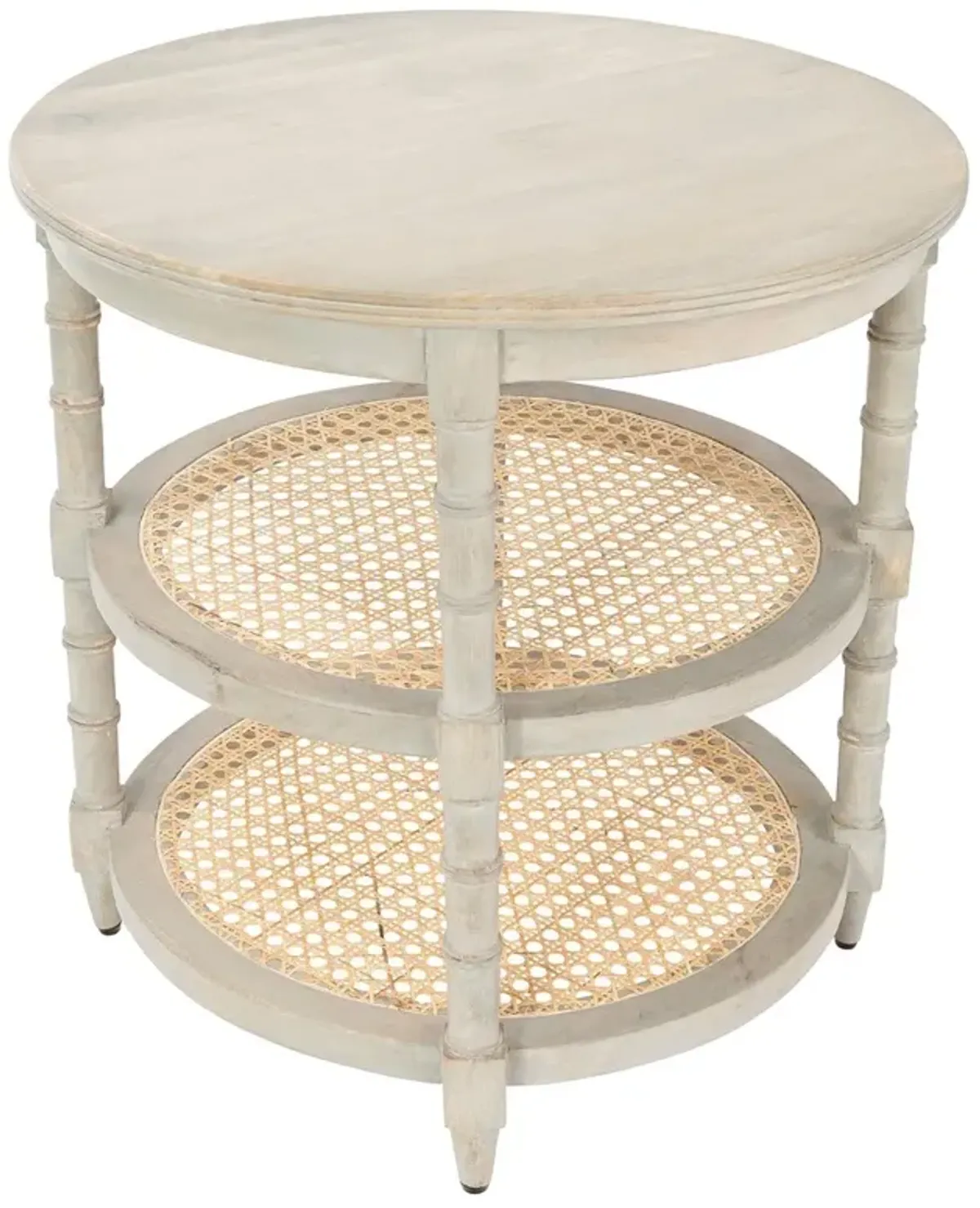 Lia Updated Traditional Grey Washed Mango Wood Woven Cane Round End Table