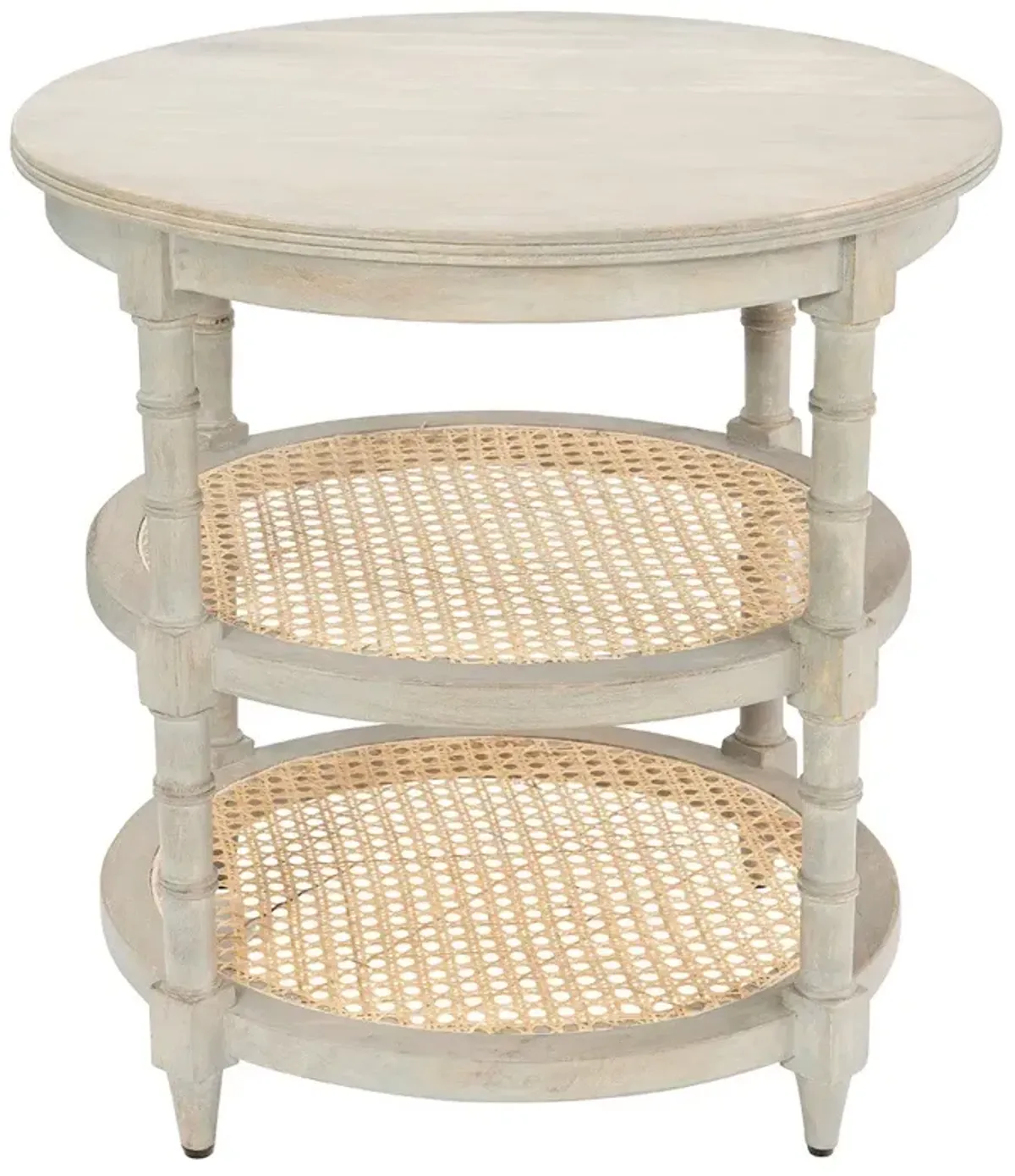 Lia Updated Traditional Grey Washed Mango Wood Woven Cane Round End Table