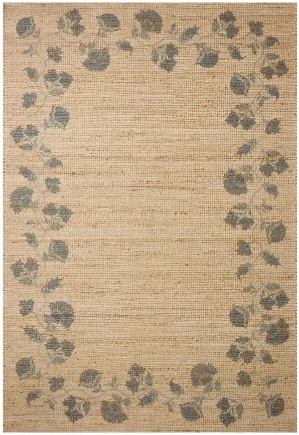 Haela Traditional Beige Jute Blue Floral Bordered Patterned Rug - 8'6"x11'6"