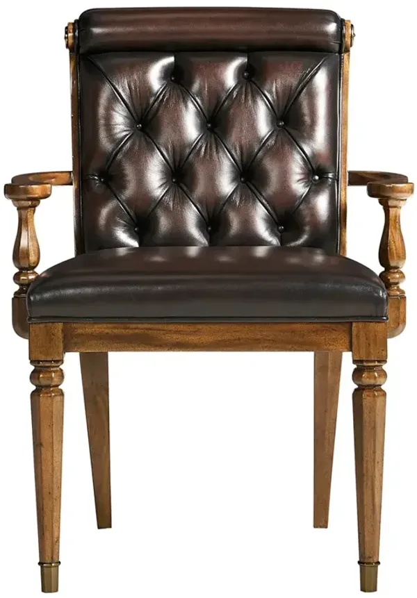 Dean Updated Traditional Brown Leather Mahogany Wood Tufted Dining Arm Chair