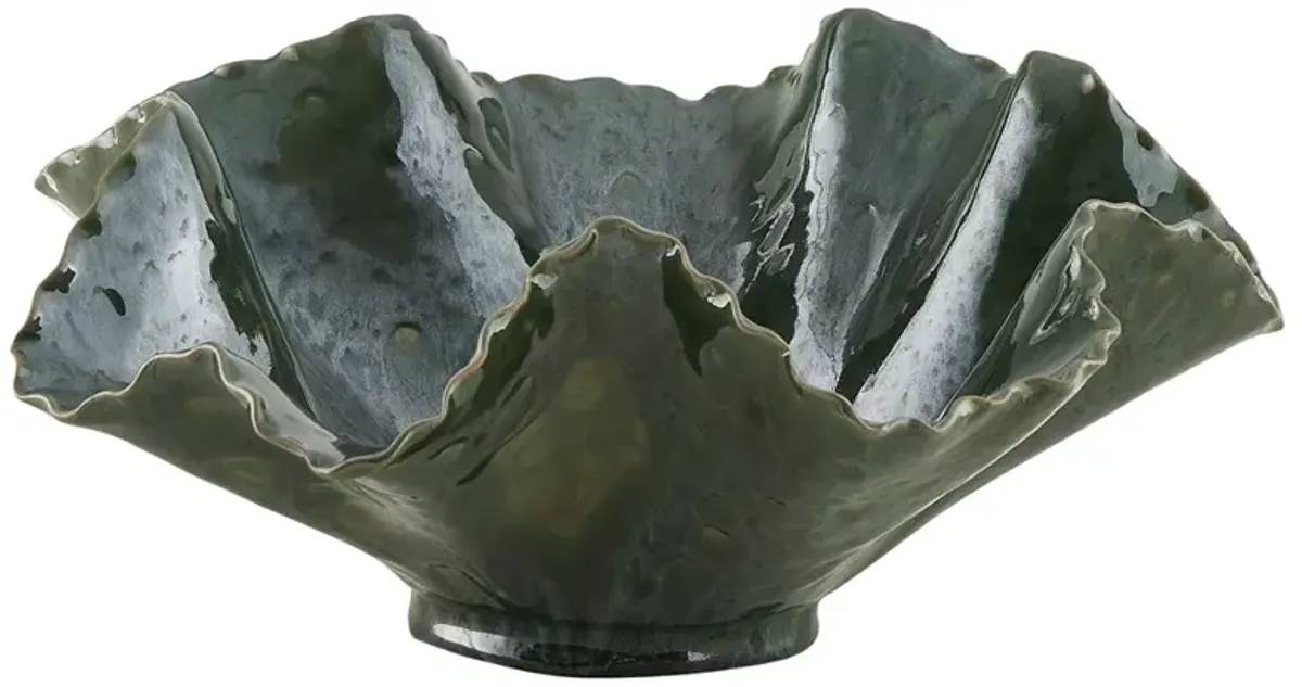 Iverson Traditional Green Glazed Earthenware Ruffle Decorative Bowl