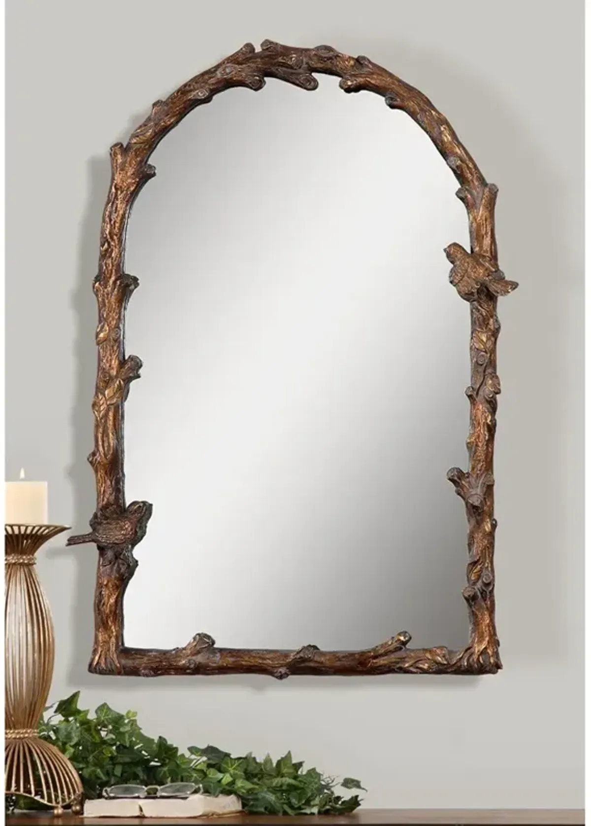 Lylah French Country Distressed Gold Metal Branch Arched Wall Mirror