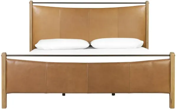 Dina Rustic Lodge Brown Leather Natural Oak Tufted Bed - King