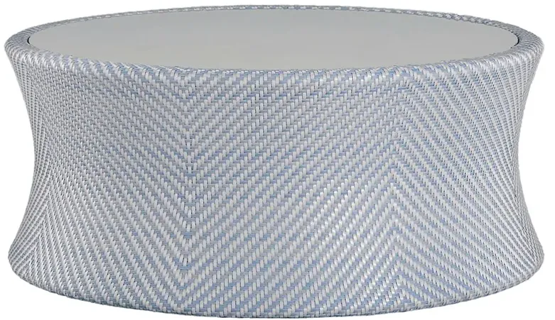 Bari Coastal Beach Blue Wicker Chevron Round Outdoor Coffee Table