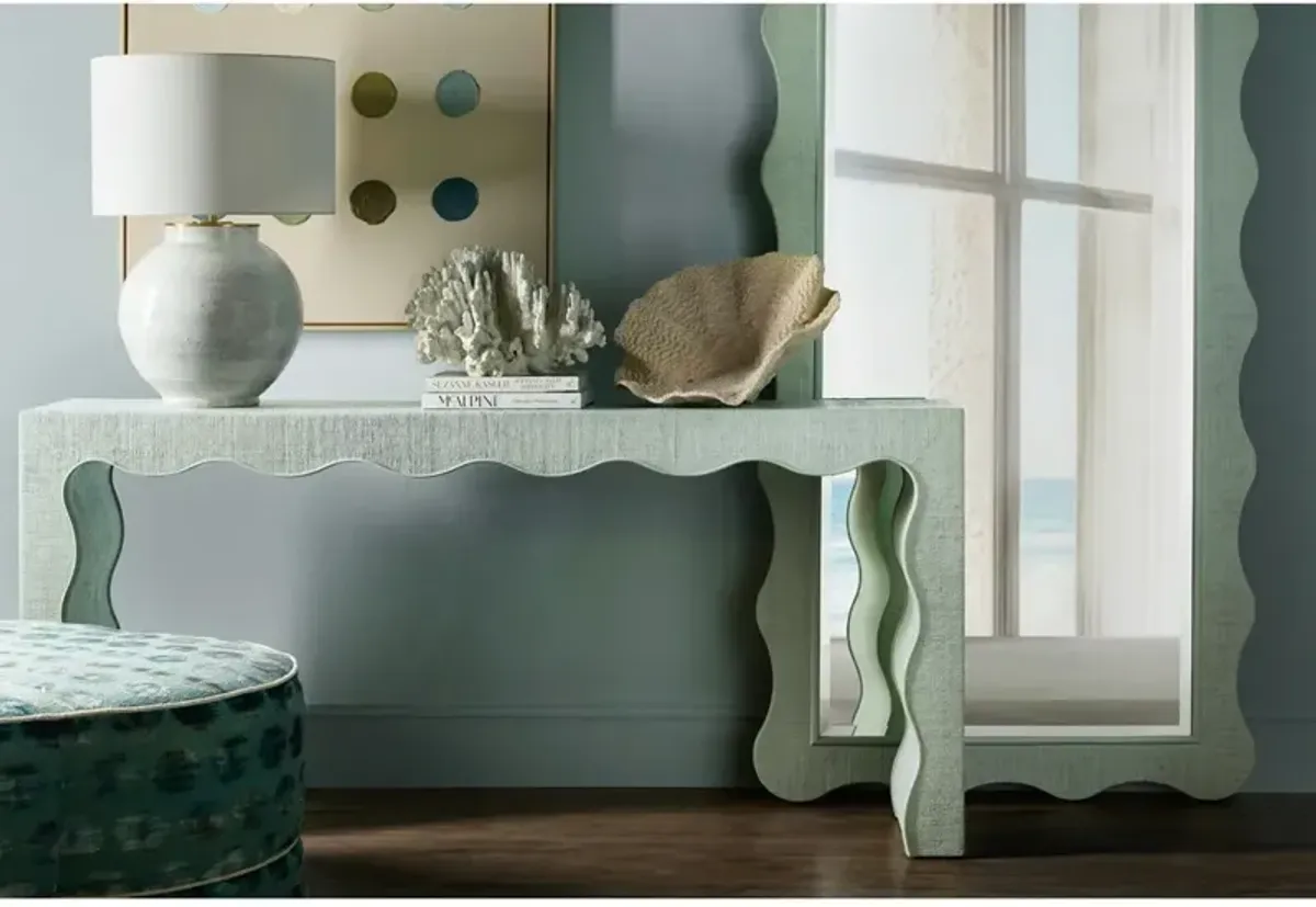 Valleron Coastal Beach Blue Green Wood Raffia Wavy Console Table