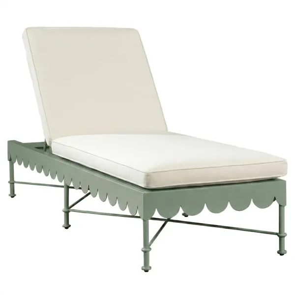 Delphine French Country White Sunbrella Green Aluminum Scalloped Outdoor Chaise