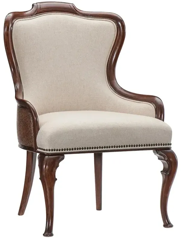 Harry Updated Traditional Beige Upholstered Cherry Wood Dining Arm Chair