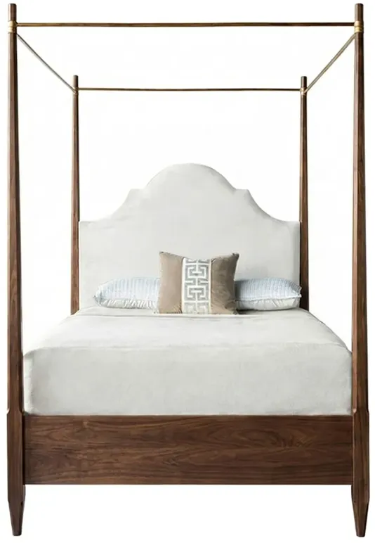 Zaiya Updated Traditional White Velvet Brown Wood Canopy Bed - Queen