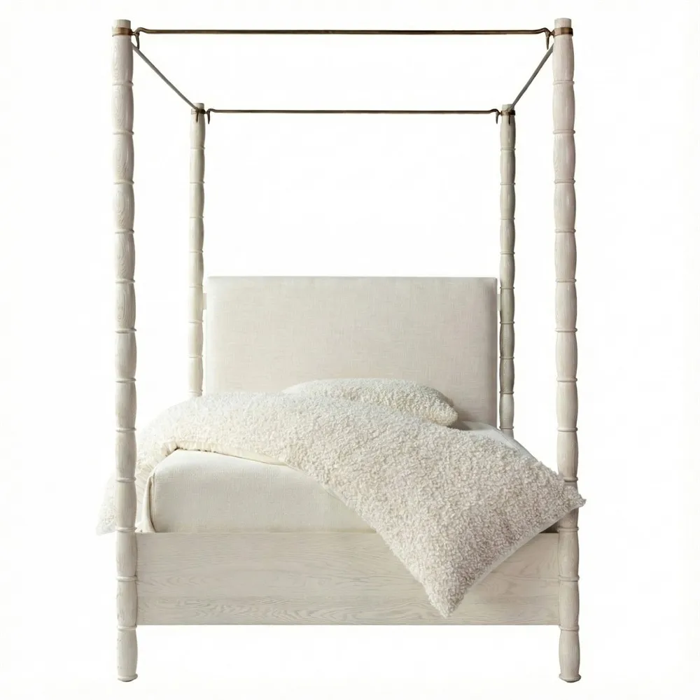 Amorie Coastal Beach White Linen Oak Canopy Bed - Queen
