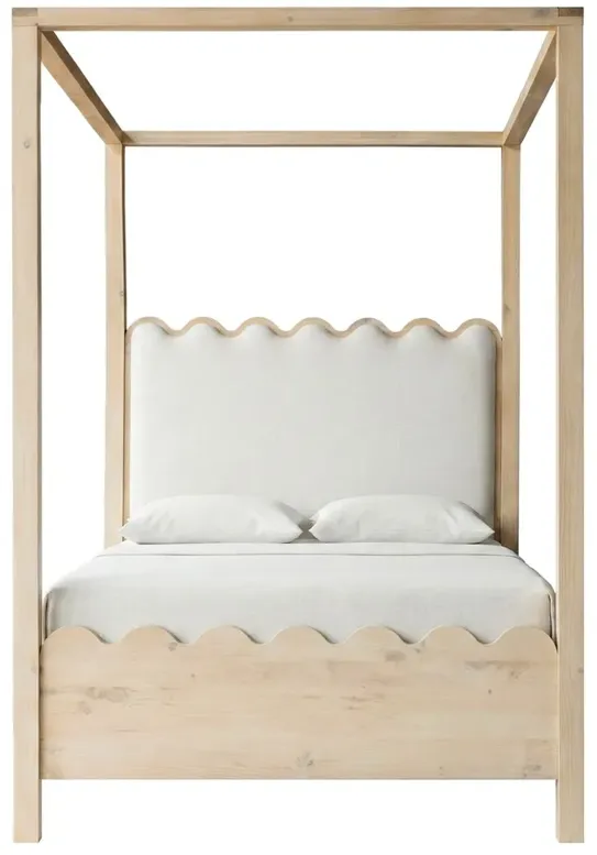 Novielle Coastal Beach White Linen Wood Scalloped Canopy Bed - Queen