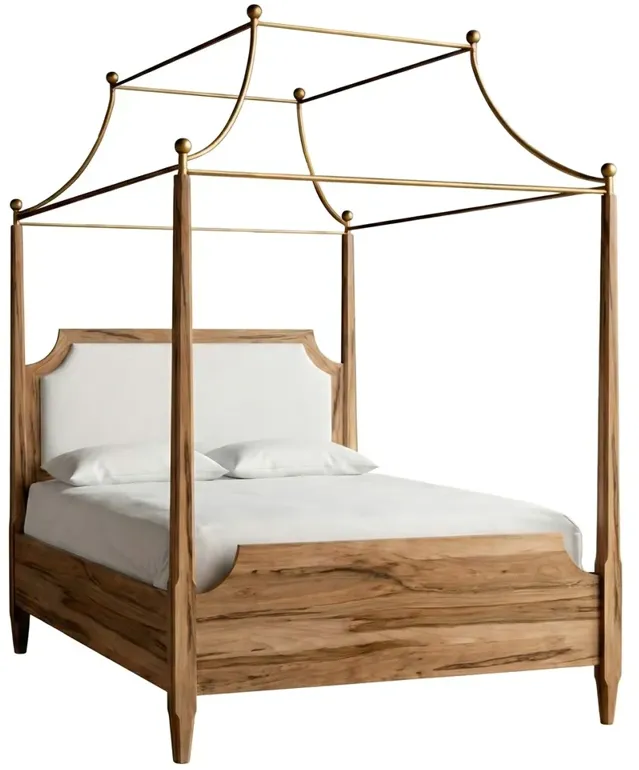 Janelle Updated Traditional White Linen Brown Wood Canopy Bed - Queen