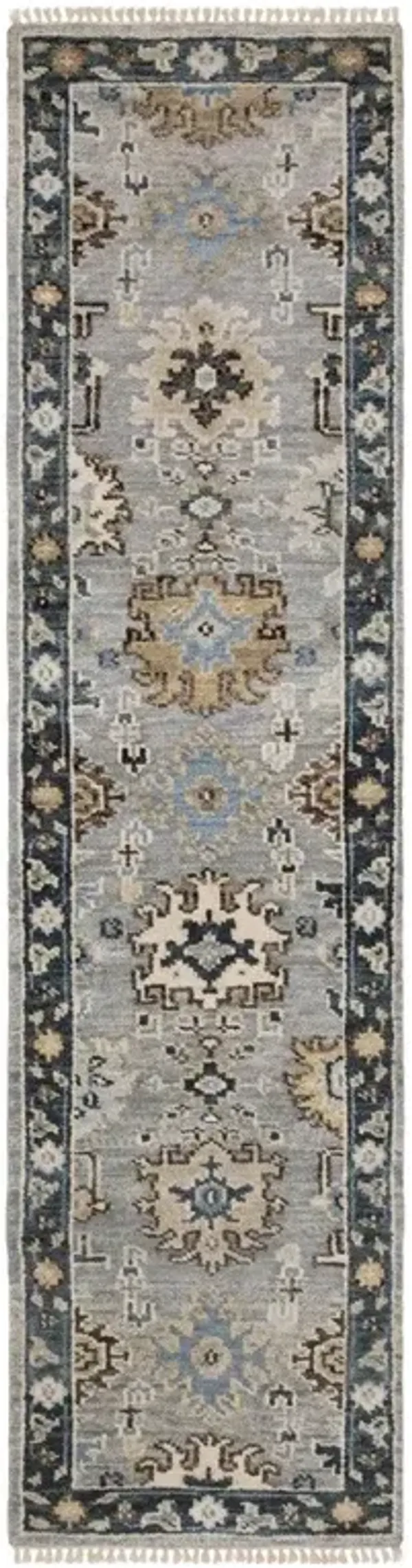 Emery Updated Traditional Light Blue Wool Floral Patterned Rug - 2'6"x10'
