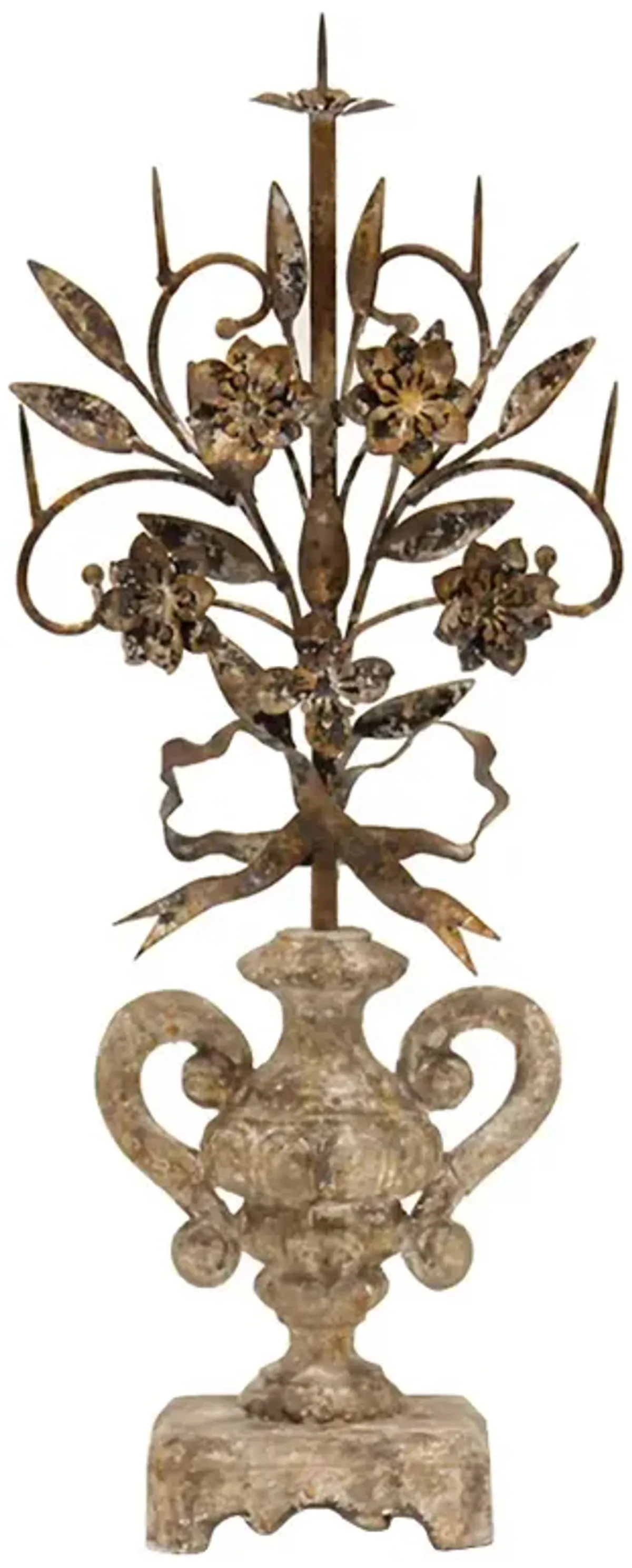 Evanya French Country Distressed Beige Wood Rustic Iron Girandole Sculpture