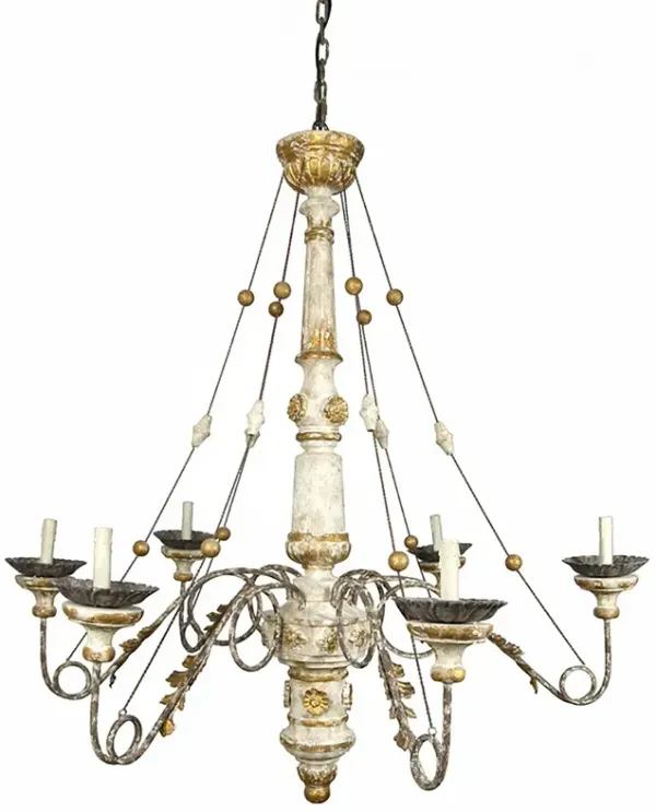 Veronica French Country Distressed White Wood Candle Style Chandelier