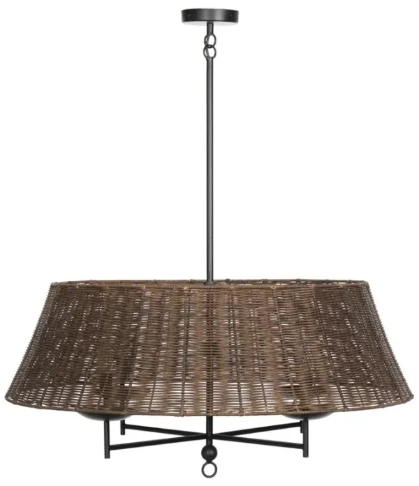 Hadwick Updated Traditional Brown Rattan Shade Black Iron Chandelier